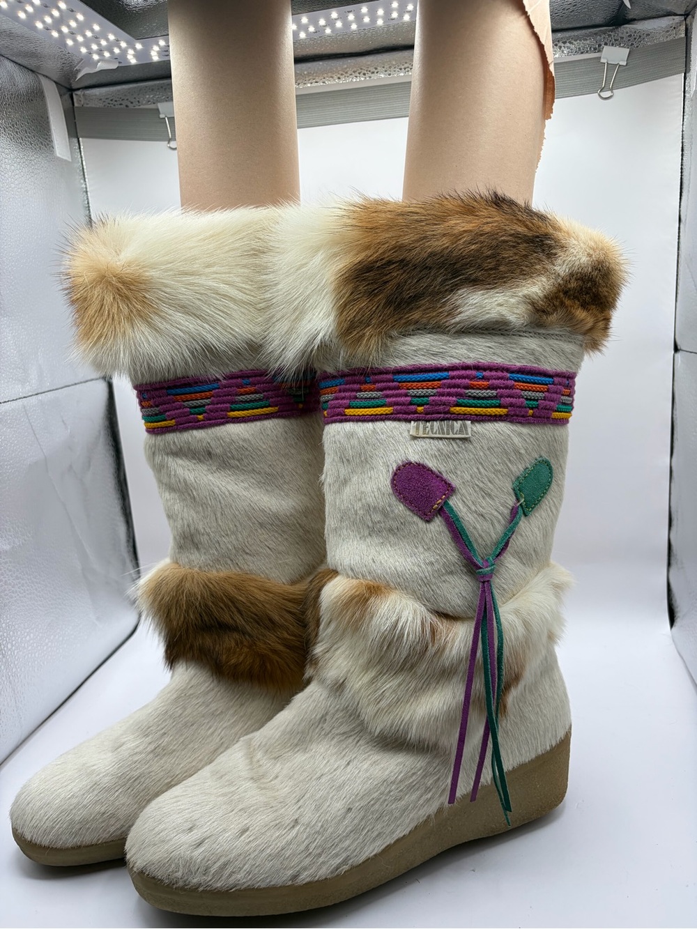 Vintage Tecnica Italy White Fur Ski Snow Boots Skandia Aztec Goat EU39 US 9 - Picture 4 of 11